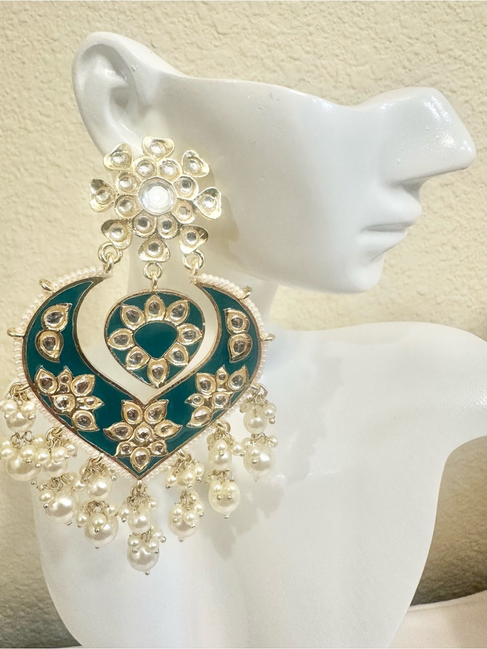 4.25” Gold Plated Teal Enamel Pearl Drop Chandbali Earrings w/ Pearl Dangles